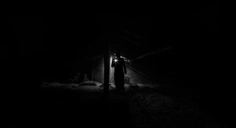 A shadowy figure explores a dimly lit, eerie attic with a flashlight.